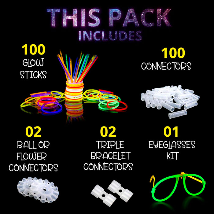 Acest set variat conține 100 de bețișoare de neon, 100 de îmbinări și 2 atașamente cu trei conectori pentru crearea brățărilor, 2 atașamente cu mai multe conectori pentru a face bile sau flori și un set pentru a face ochelari!