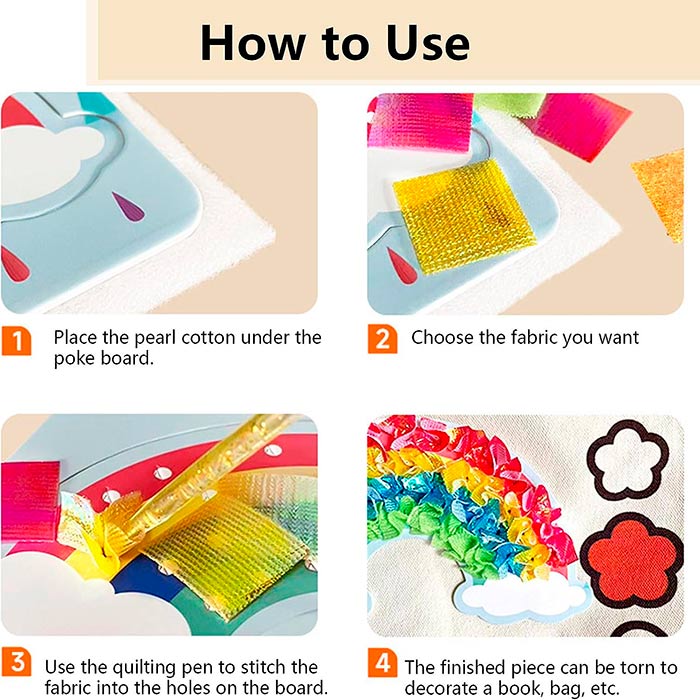 10 cărți cu animale, un băț de pictură și 600 de bucăți de material multicolor de inserat în sloturile cărților!