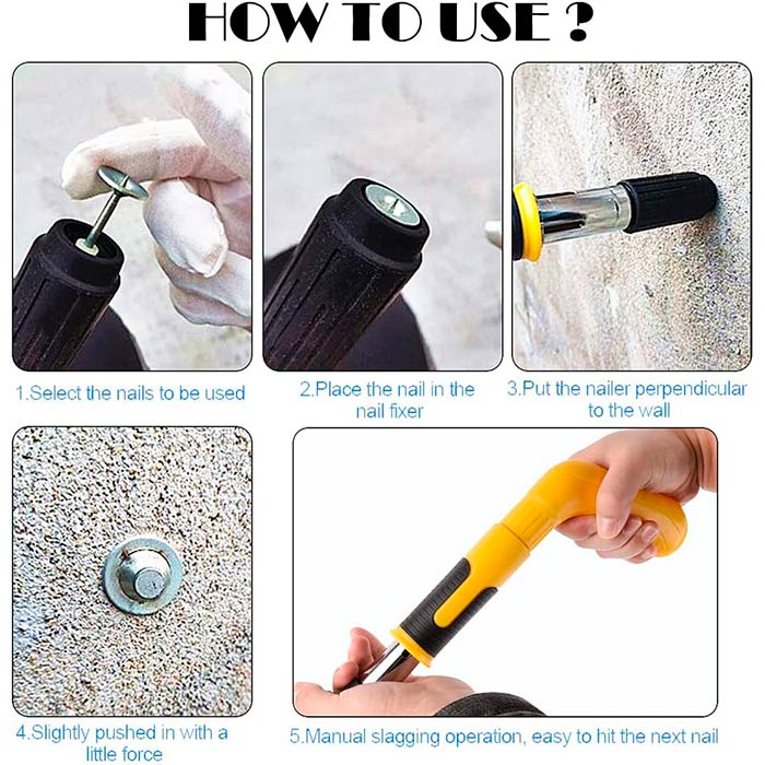 Setul complet include un pistol pneumatic, mănușă, ochelari de protecție, dopuri de urechi, cheie, perie și 10 cuie.