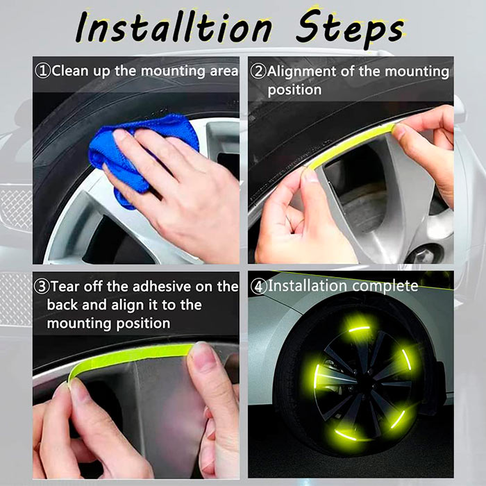 Instalare extrem de ușoară – autocolantul reflectorizant este autoadeziv și are o formă curbată, astfel încât se potrivește perfect pe jantă!