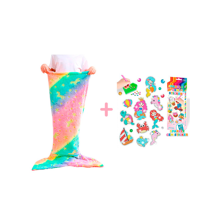 Pachetul SparkleMermaid include 2 jucării - o pătură în formă de coadă de sirenă pentru fetițe și un set de creație cu diamante și autocolante!